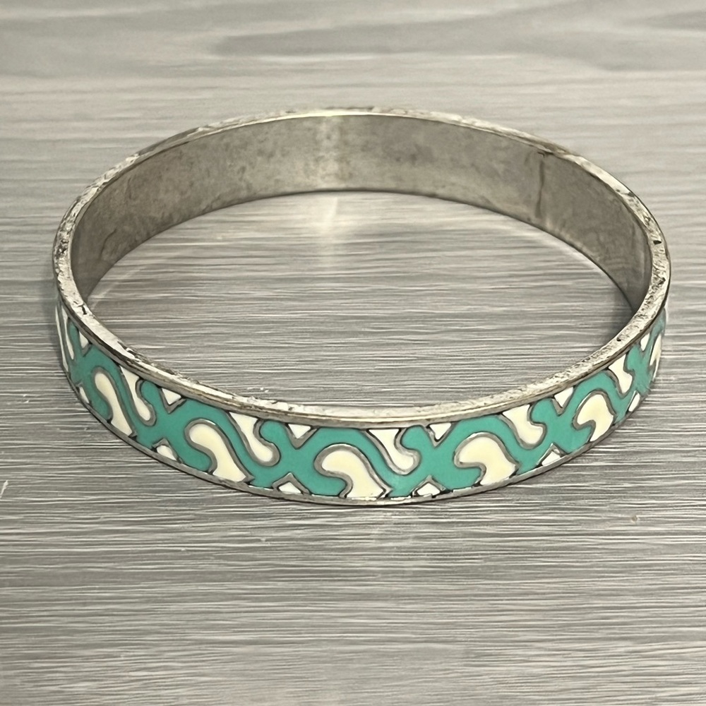 Lucky Brand Silver and Enamel Bangle Bracelet, White, Teal, Boho - Picture 2 of 6